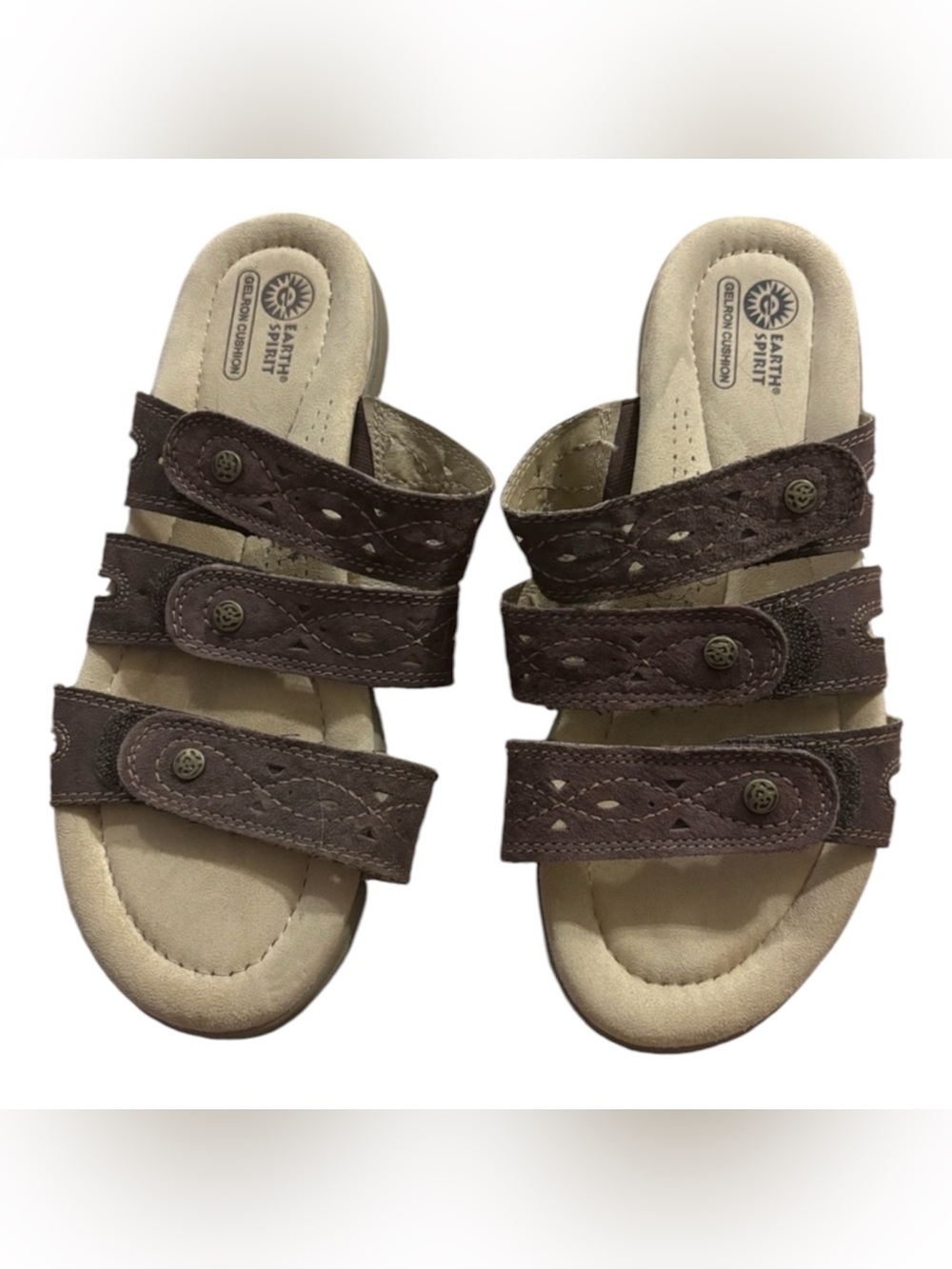 Earth Spirit Brown Triple-Strap Slide Sandals with Cream Footbed
